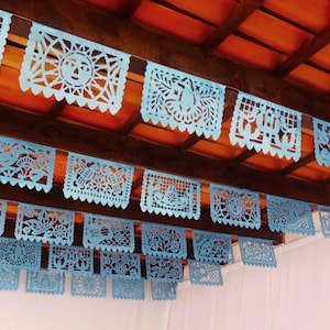 Metalic Blue Papel Picado, 2 Banners, 12 Feet Long Each, Mexican theme party supplies, Fiesta decoration, Papel picado Banner, Mexican decor