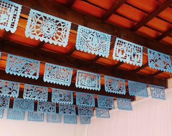 Metallic Blue Papel Picado Banner: 4 Pack, 48 Feet Long, Mexican Fiesta Decor.