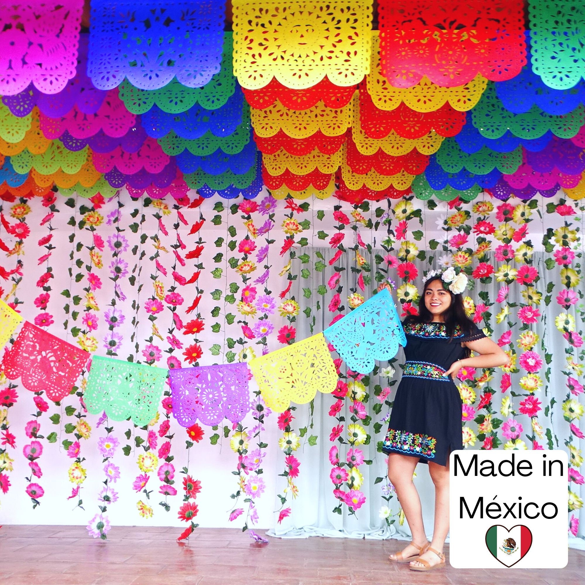 Emuya Mexican Fiesta Party Decorations – Cinco de Mayo - 6 Paper Fans, 5 Flowers Pom Poms, Papel Picado, Pennants Garland, PDF Games - Taco Bout