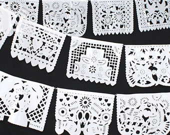 Large Plastic Wedding Banner Garland, Engagement, Bridal Shower Papel Picado, White Bunting, Mexico Party Decoration, Mexican Fiesta White
