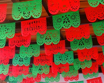 Red and Green Papel Picado Christmas Banners: Mexican Fiesta Decor (5 PK, 60 ft)