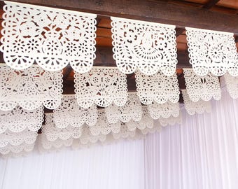 Off white Mexican Papel Picado Banners, Fiesta Wedding Decorations (5 PK) 80 Feet Long