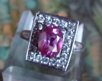 Lovely Sterling Silver Pink Sapphire & CZ Ring Size 7 3/4