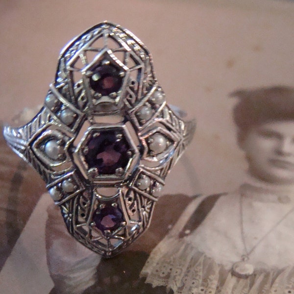 Art Deco design Sterling Silver Amethyst & Seed Pearl  Ring  Size 8 3/4