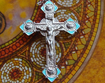 Vtg Sterling Crucifix Cross Pendant w/ Guilloche Enamel & Roses on Tips,  2 1/2 in long DiRoma