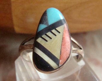 Vtg Sterling Silver Turquoise, Coral, MOP, Onyx Inlay Ring Size 10