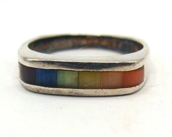 Vtg Sterling Multi-stone RAINBOW Band / Ring Size 9