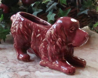 Vtg 1940's Shawnee Art Pottery Burgundy Glaze Playful Cocker Spaniel Planter