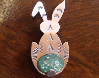 Sterling Bunny Rabbit Pendant / Brooch w/ Lucite Easter Egg Artist Signed