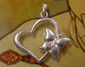 Lovely Large Sterling Silver Heart with Butterfly Pendant