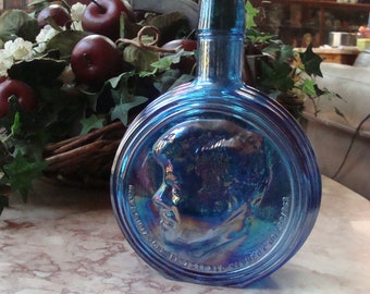 1971 Wheaton Glass First Edition John F. Kennedy 8 inch Blue Carnival Glass Decanter Bottle