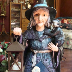 Jim Shore 21&quot; Heartwood Creek Witch, Black Cat, Lighted Lantern Retired  Enesco 6003366