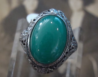 Victorian Antique Filigree Sterling Green Onyx/Chrysophase  Ring size 5