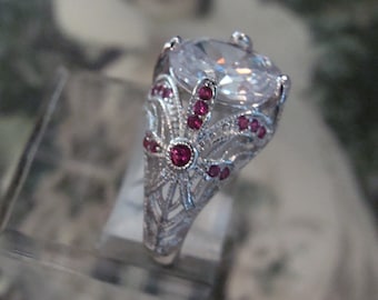 Sparkling Sterling Silver Filigree Oval CZ  Ring  Size 7