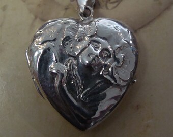 Lovely Victorian Lady Repousse Sterling Silver Heart Locket Pendant