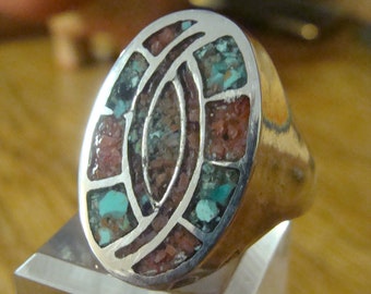 Chunky Men's Sterling Native American Turquoise Coral INLAY  Ring Size 13