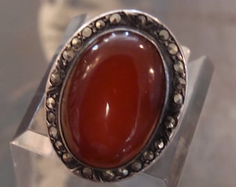 Antique Sterling Silver Marcasite & Carnelian Ring Size 4 Etched details Perfect!