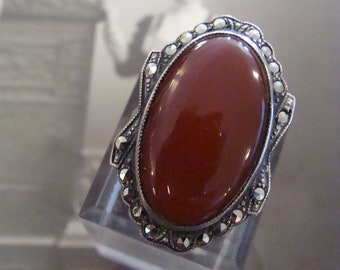 Antique Sterling Silver Marcasite & Carnelian Ring Size 6 1/2 Etched details