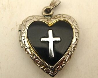 Vintage Sterling Heart Shape Locket with Cross
