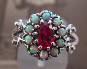 Pretty Sterling Ruby & Opal  Ring  Size 6