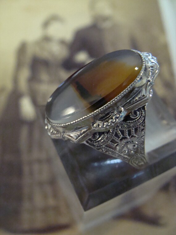 1920's Sterling Silver Banded Agate ring Size 7 1… - image 3