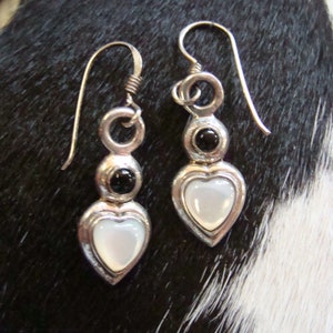 Vintage Sterling Mother of Pearl & Onyx Southwestern Dangle Heart Earrings