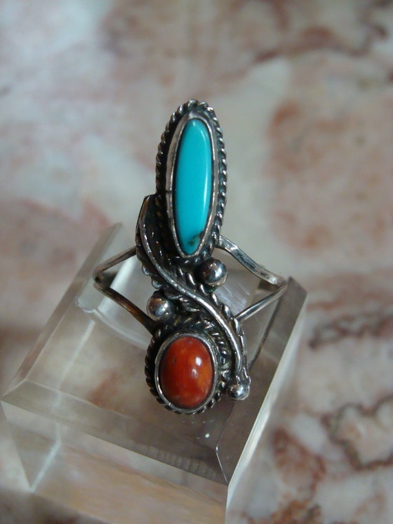 Sterling Native American Turquoise & Coral Ring S… - image 1