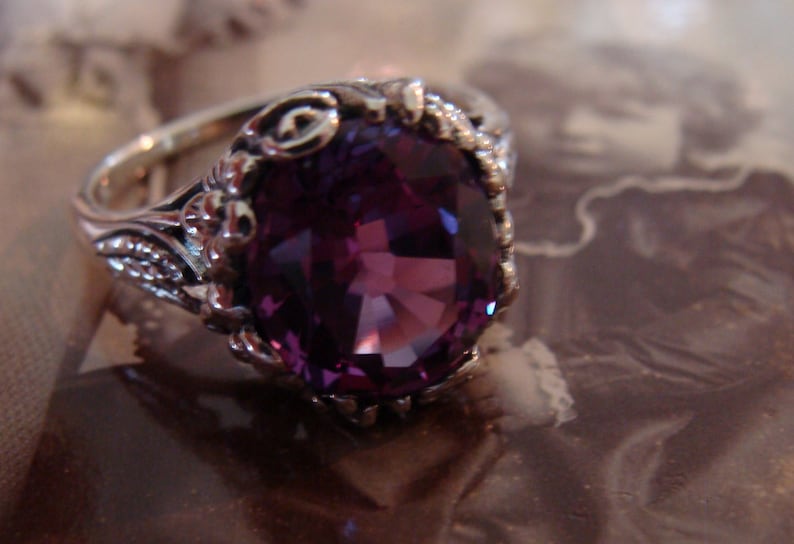 Art Nouveau design Sterling Silver Alexandrite Ring Size 9 image 2