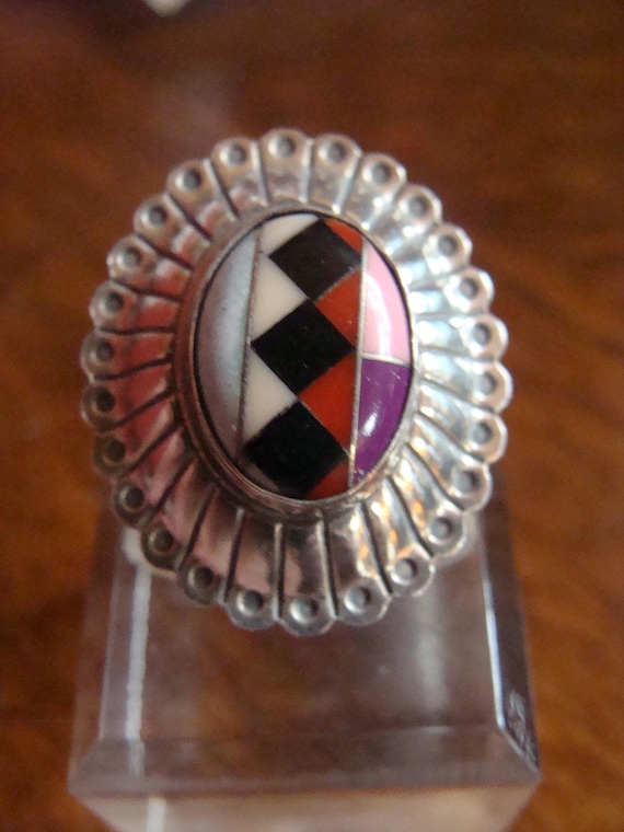 Signed Sterling Multi-stone Onyx & Shell Native A… - image 1