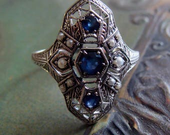 Art Deco design Sterling Silver Sapphire & Seed Pearl  Ring  Size 9