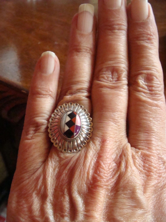 Signed Sterling Multi-stone Onyx & Shell Native A… - image 5