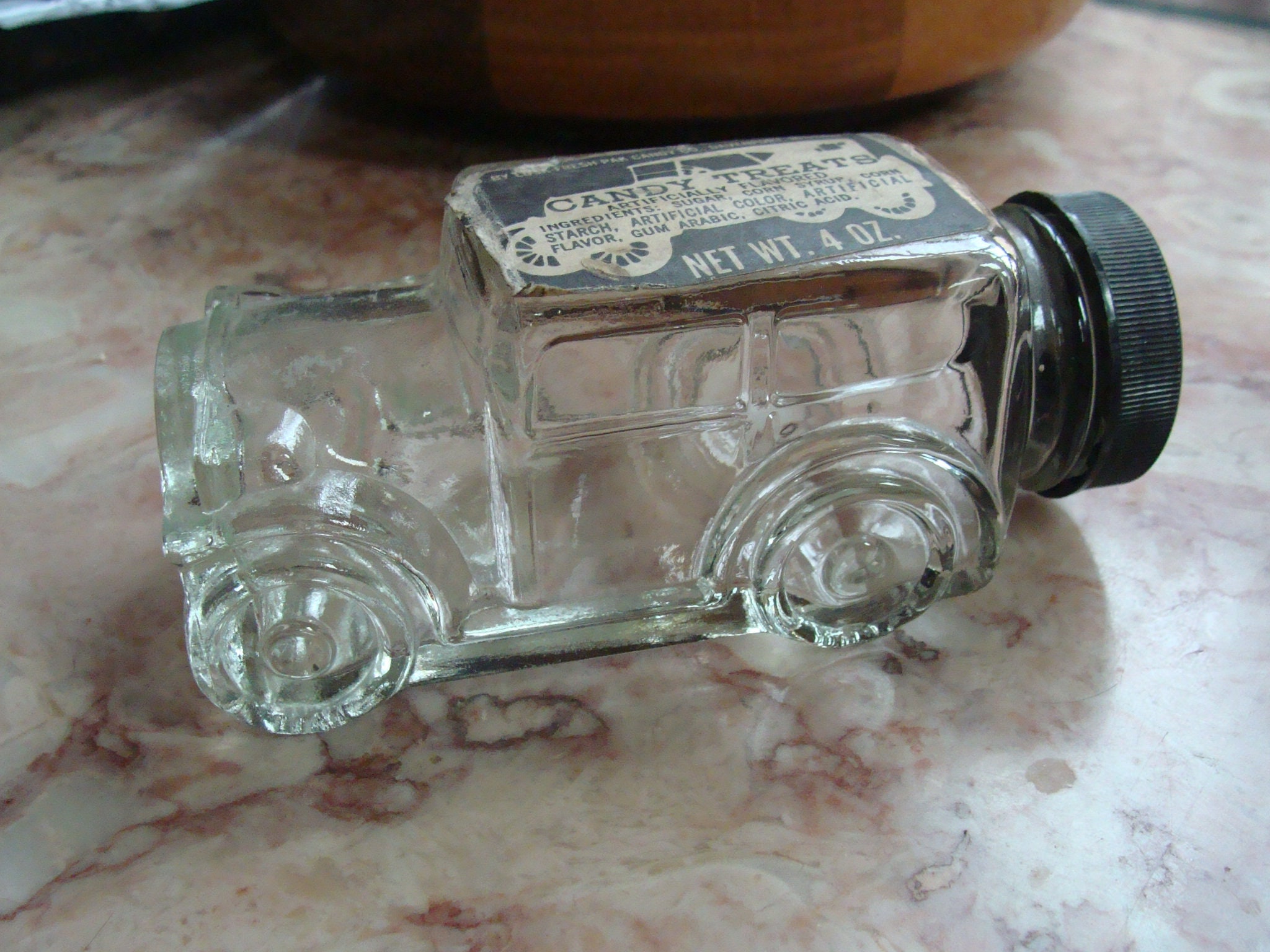 Vtg Lusk Fresh Pak Candy Co Glass Car Candy Treats Container / Jar w/ orig Label