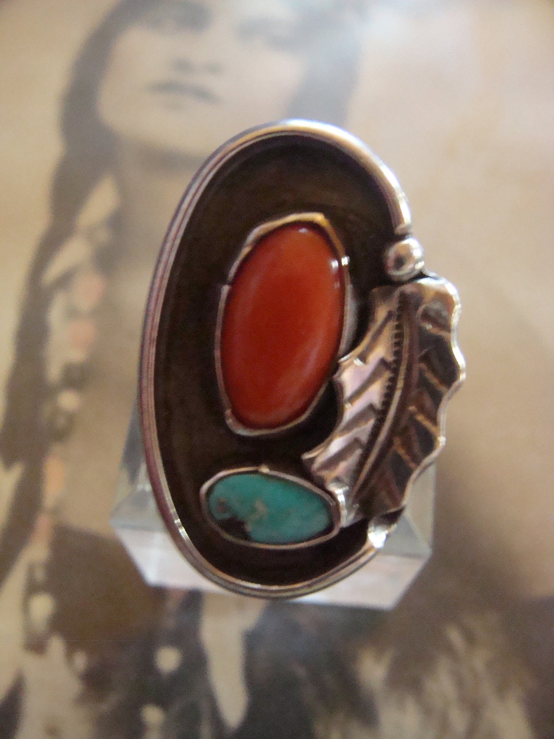 Sterling Native American Turquoise & Coral Ring Size 6 - Etsy