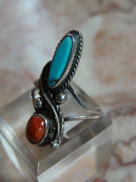 Sterling Native American Turquoise & Coral Ring S… - image 2