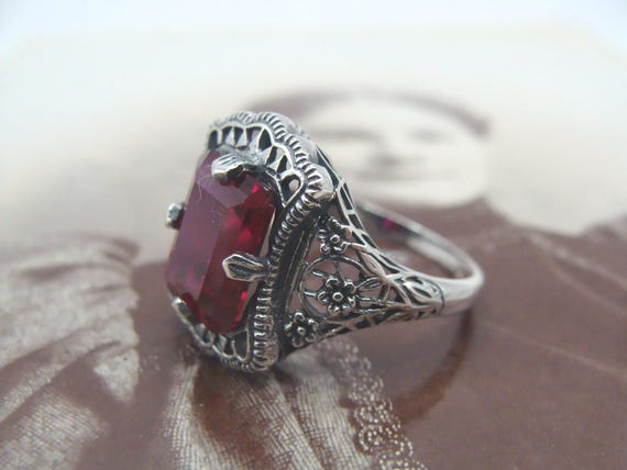 Charming Sterling  Ruby Filigree  Ring Size 7 - image 3