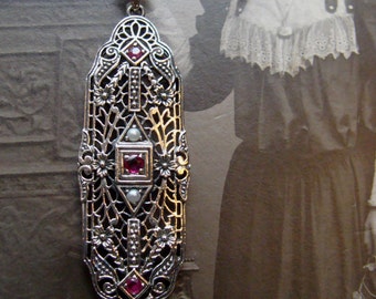 Sterling Silver Filigree Ruby & Seed Pearls Victorian style Pendant...Lovely