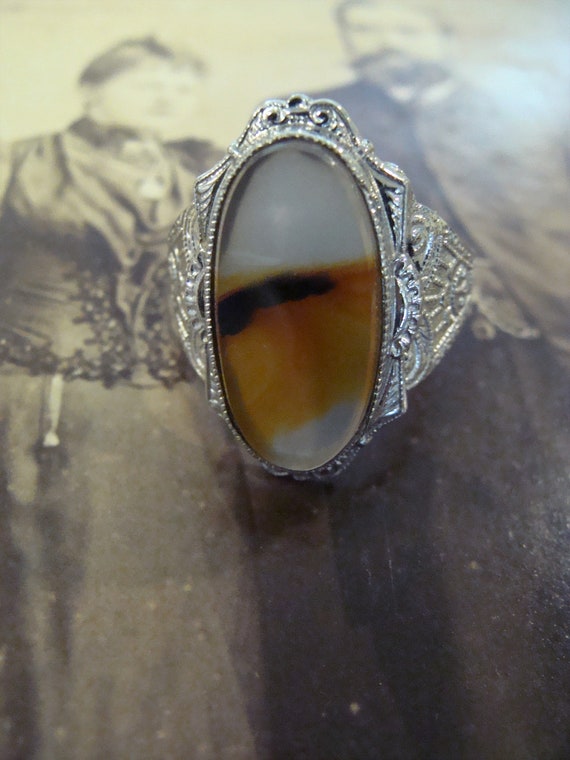 1920's Sterling Silver Banded Agate ring Size 7 1… - image 4