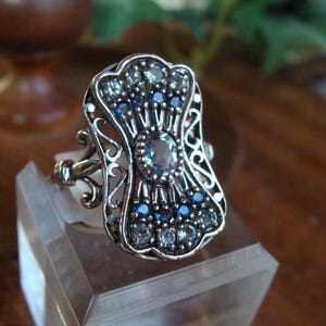 Unique Sterling Silver Aquamarine & Sapphire Ring Size 7.75 Victorian Design
