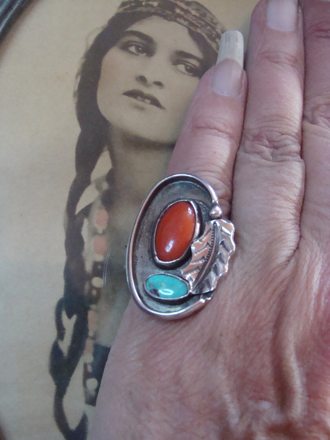 Sterling Native American Turquoise & Coral Ring Size 6 - Etsy