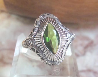 Sterling Silver Peridot Ring, Victorian Filigree Style, Size 7