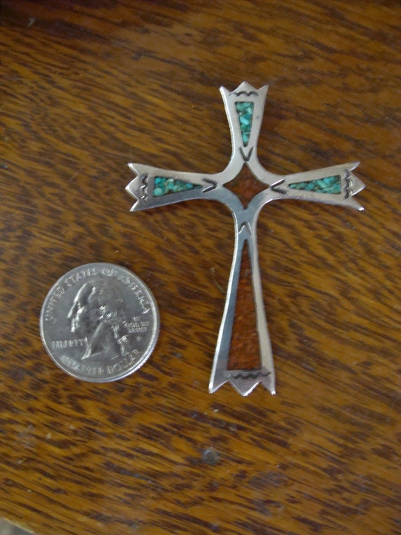 Vtg Sterling Turquoise & Coral Inlay Cross Pendant