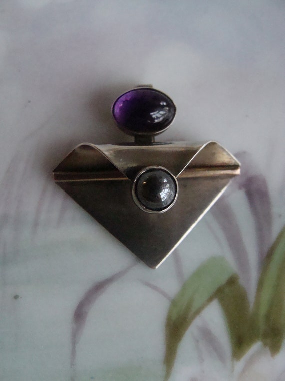 Vtg Amethyst Cabochon & Hematite Sterling Silver P