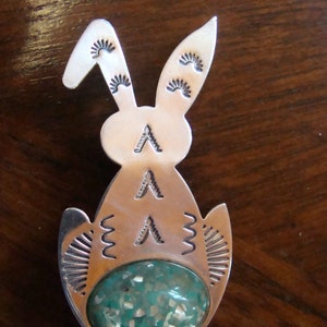 Sterling Bunny Rabbit Pendant / Brooch w/ Lucite Easter Egg Artist Signed image 2