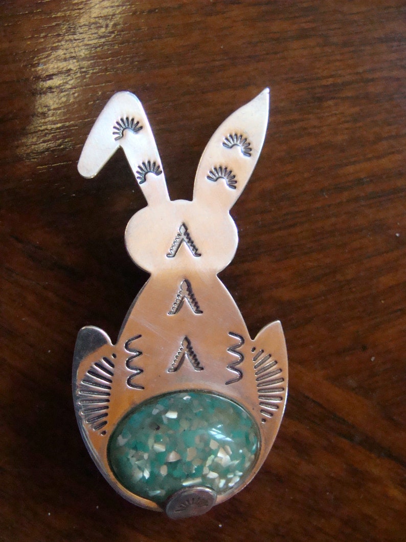 Sterling Bunny Rabbit Pendant / Brooch w/ Lucite Easter Egg Artist Signed image 2