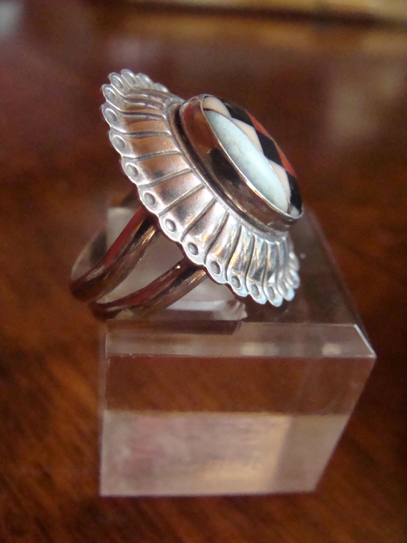 Signed Sterling Multi-stone Onyx & Shell Native A… - image 3