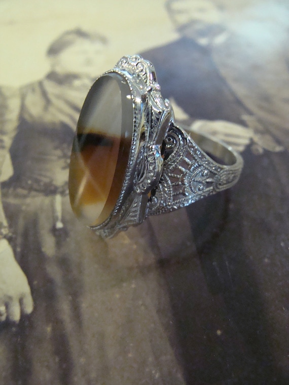 1920's Sterling Silver Banded Agate ring Size 7 1… - image 2