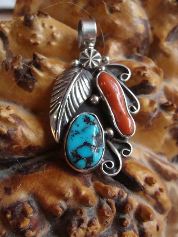 Vtg Sterling Turquoise & Coral Pendant Native Amer