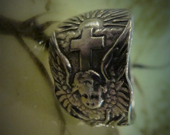 Vintage Sterling Silver Sun Rising / Cross / Angel Spoon Ring  Size Adjustable