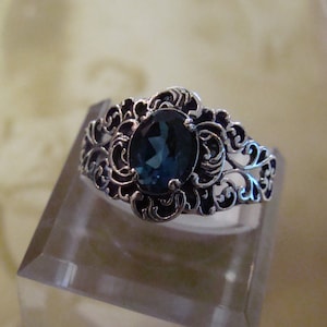 Lovely Sterling Silver Filigree London Blue Topaz Ring  Size 8 Victorian design