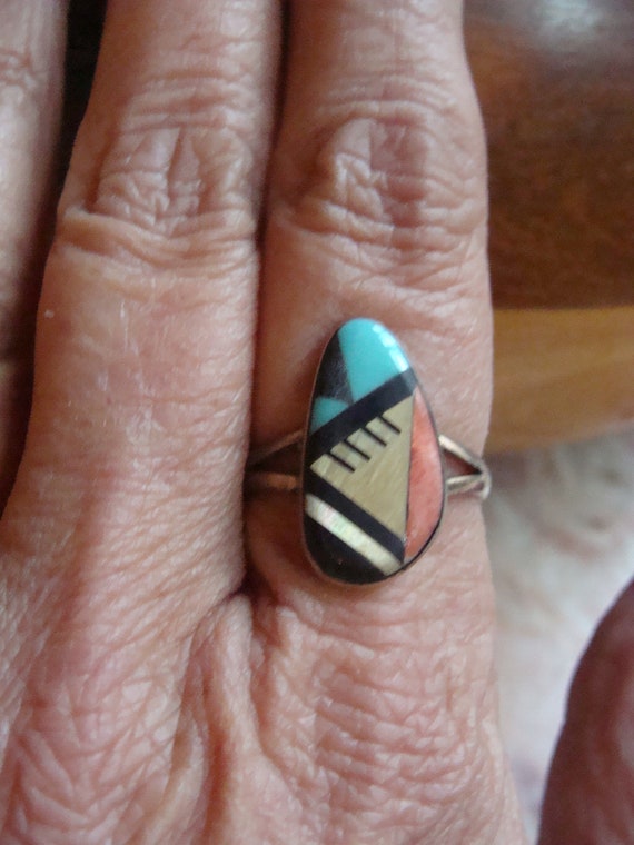 Vtg Sterling Silver Turquoise, Coral, MOP, Onyx I… - image 6